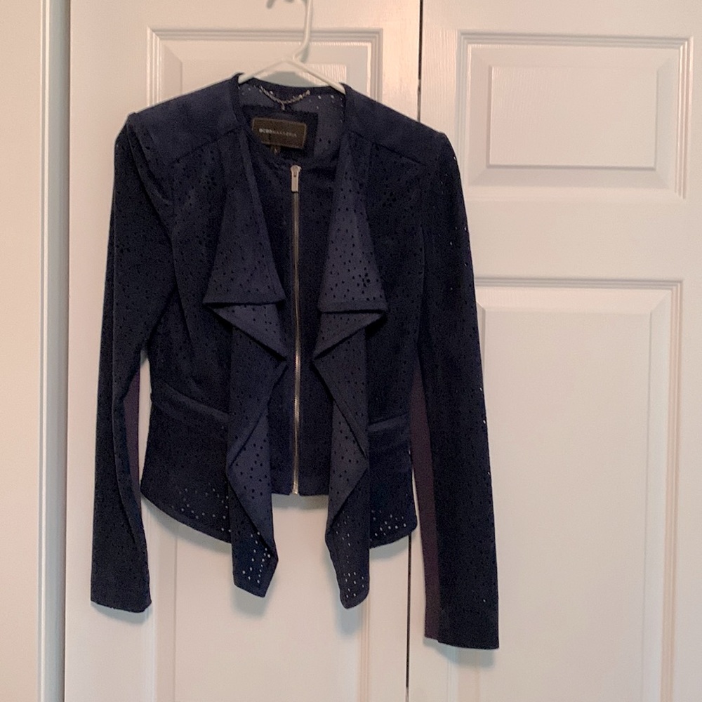 NWOT BCBGMaxAzria navy suede perforated blazer. Never worn!